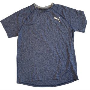 PUMA Heathered Blue Short Sleeve V Neck Pullover Logo Call-out T-Shirt